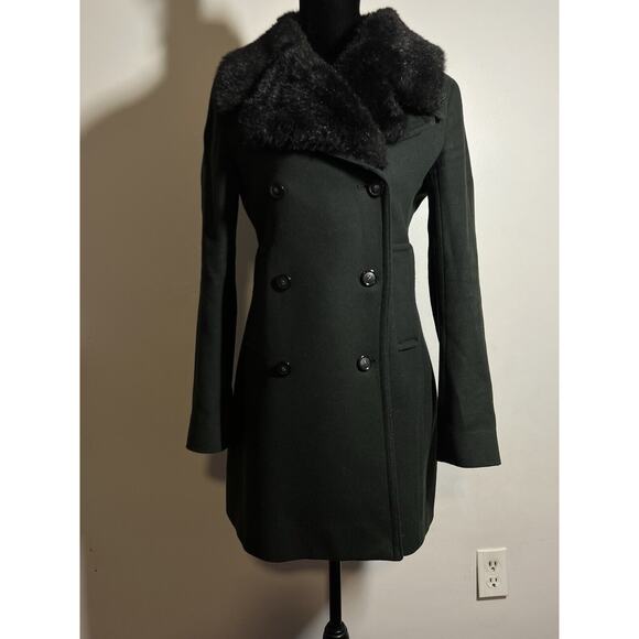 Club Monaco EUC Black Wool Blend Faux Fur Collar Double Breasted Winter Coat XS - Picture 1 of 9